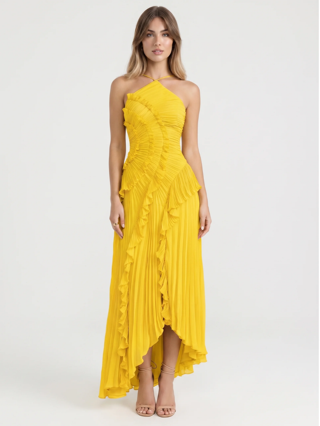 OPHELIA Women's Pleated Asymmetric Ruffle Maxi Dress