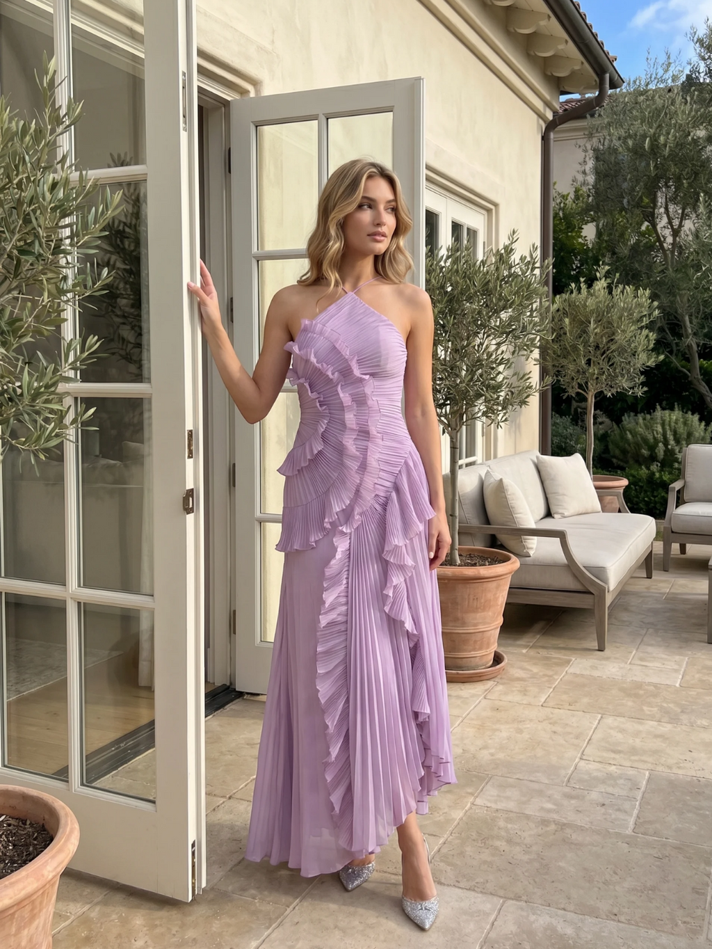 OPHELIA Women's Pleated Asymmetric Ruffle Maxi Dress