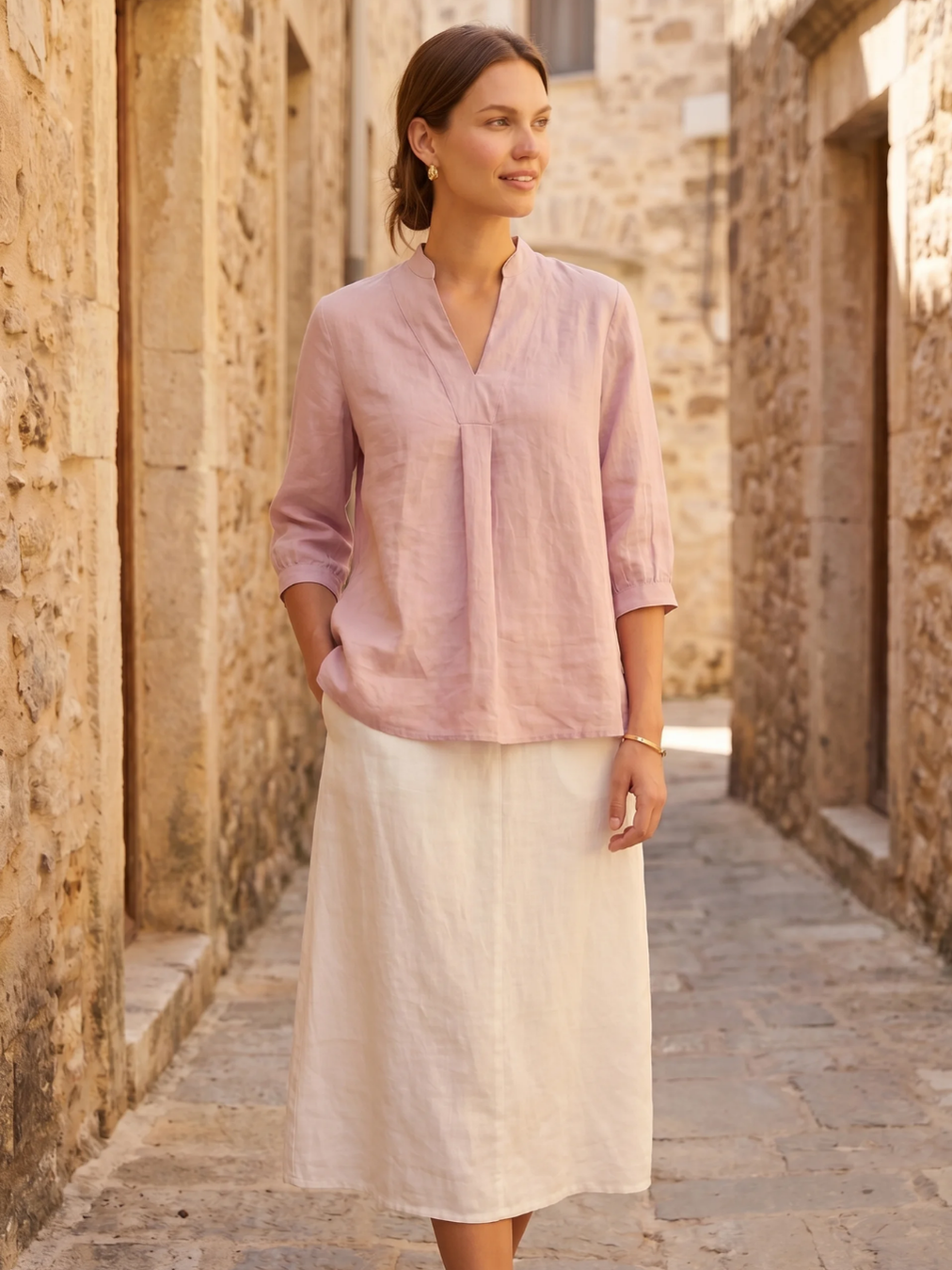 SLOANE Women's Three-Quarter Sleeve Linen Popover Blouse