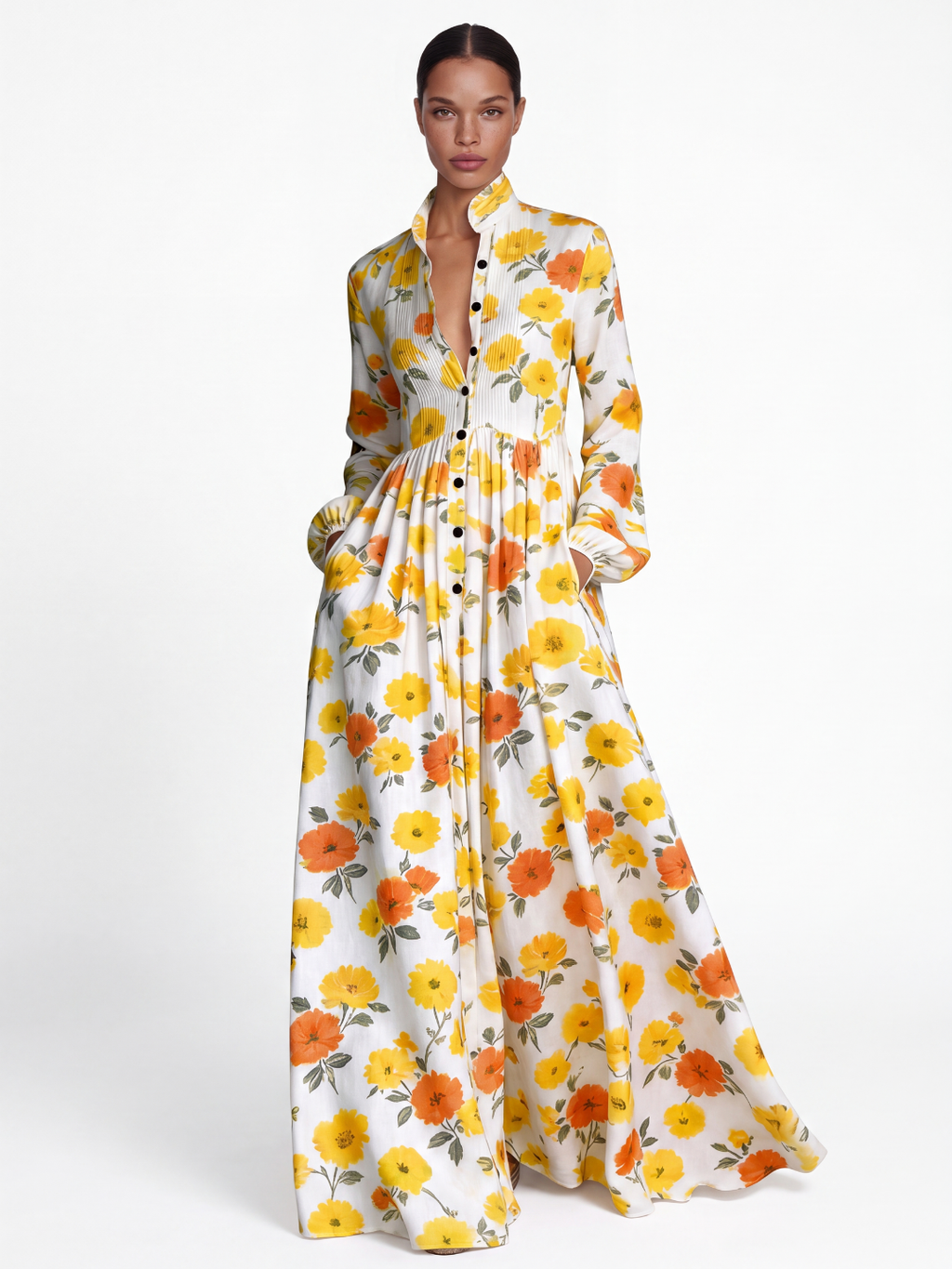 LILIANA Women's Floral Print Plunge Pleated Shirt Maxi Dress