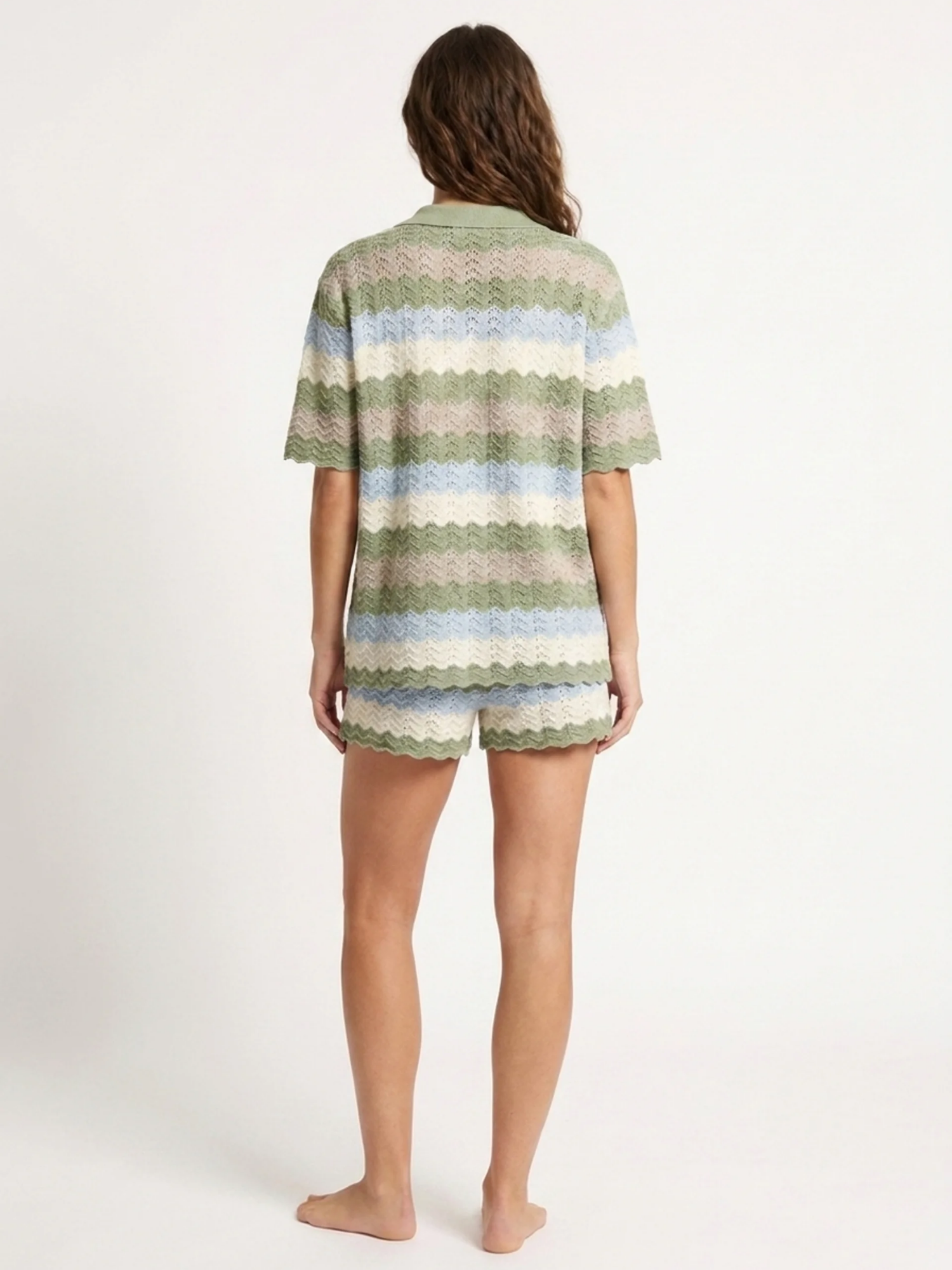 CORDELIA Women's Crochet Knit Chevron Stripe Shirt & Shorts Set