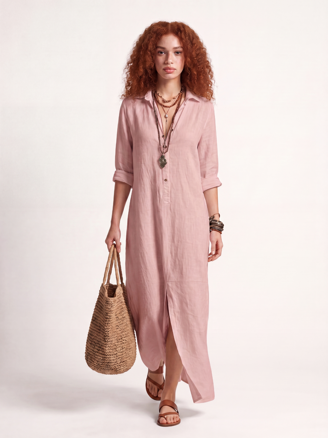 DELILAH Women's Long-Sleeve Linen Maxi Shirt Dress with Side Slits