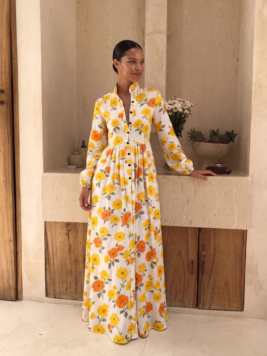 LILIANA Women's Floral Print Plunge Pleated Shirt Maxi Dress