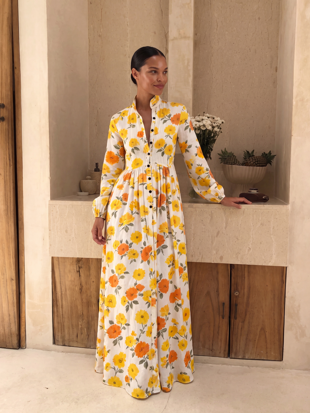 LILIANA Women's Floral Print Plunge Pleated Shirt Maxi Dress