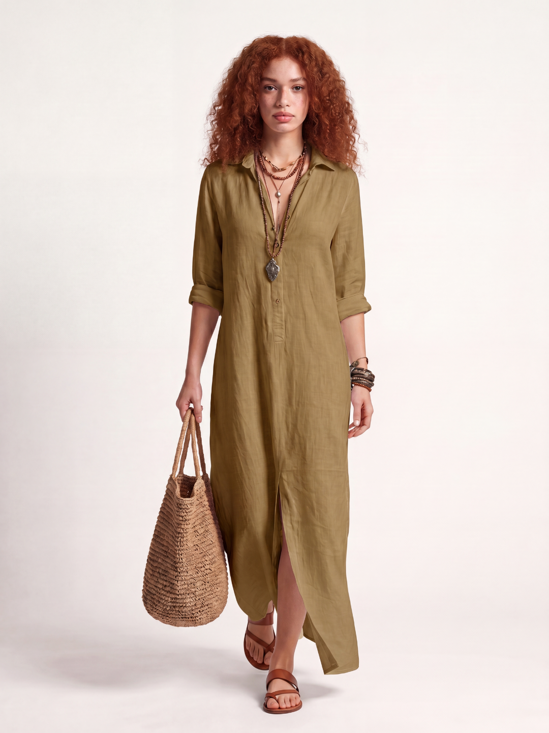 DELILAH Women's Long-Sleeve Linen Maxi Shirt Dress with Side Slits