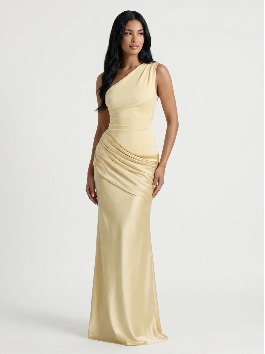 SERENA Women's One-Shoulder Draped Satin Column Maxi Dress