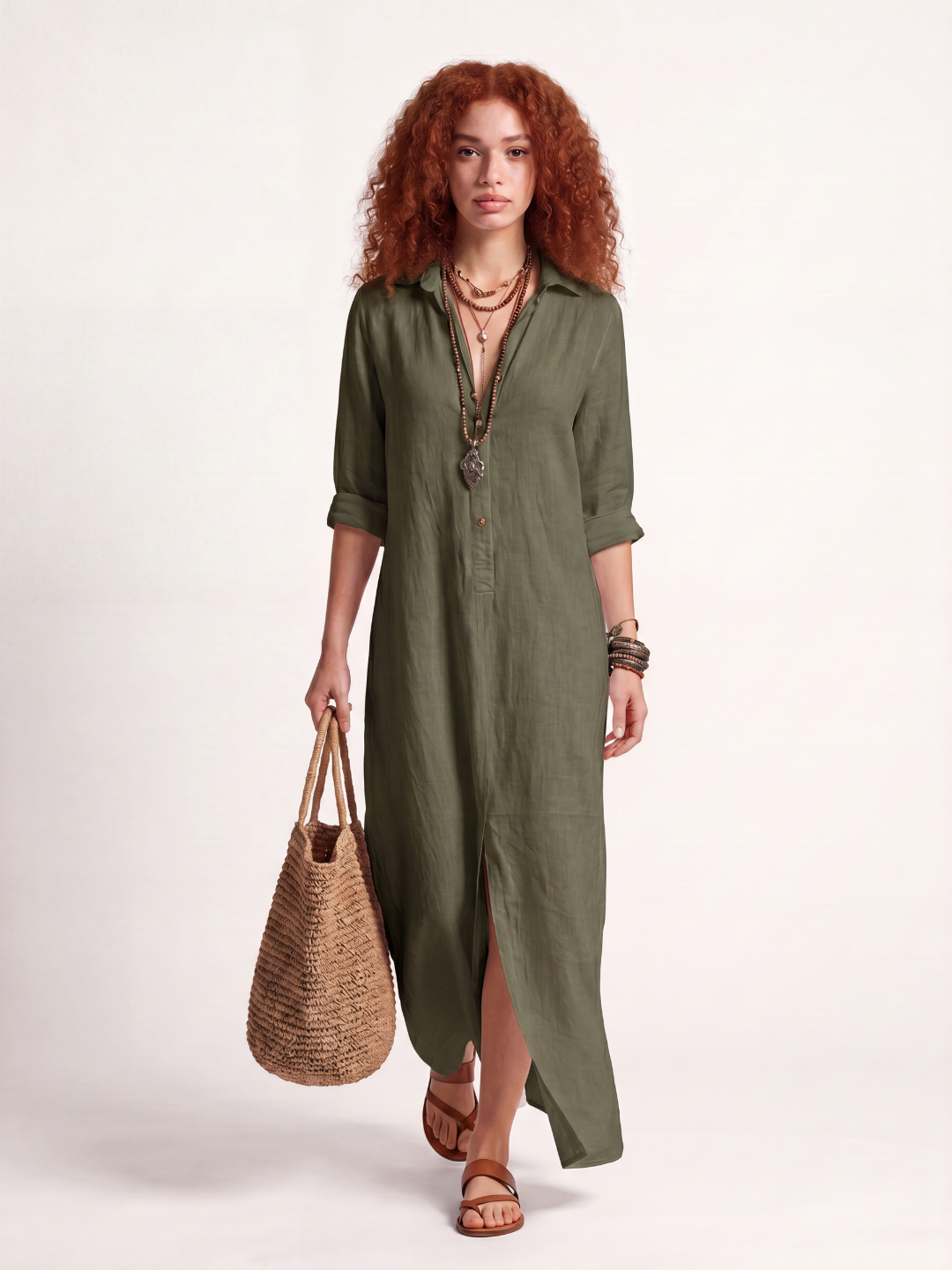 DELILAH Women's Long-Sleeve Linen Maxi Shirt Dress with Side Slits