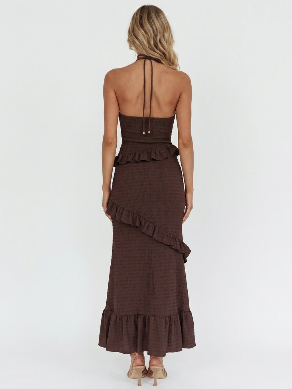 ANNIKA Women's Halter Keyhole Smocked Frill-Trim Maxi Dress
