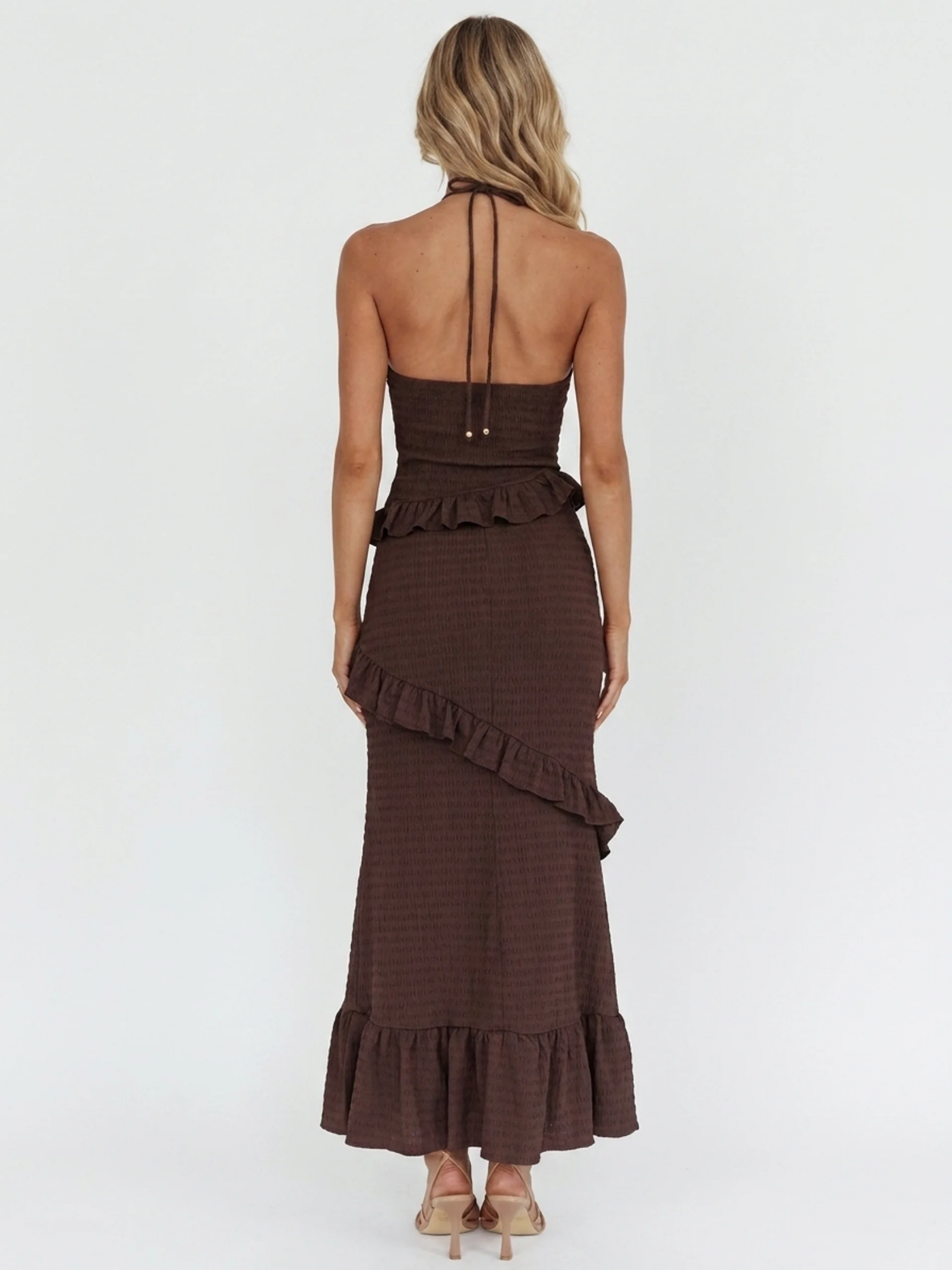 ANNIKA Women's Halter Keyhole Smocked Frill-Trim Maxi Dress