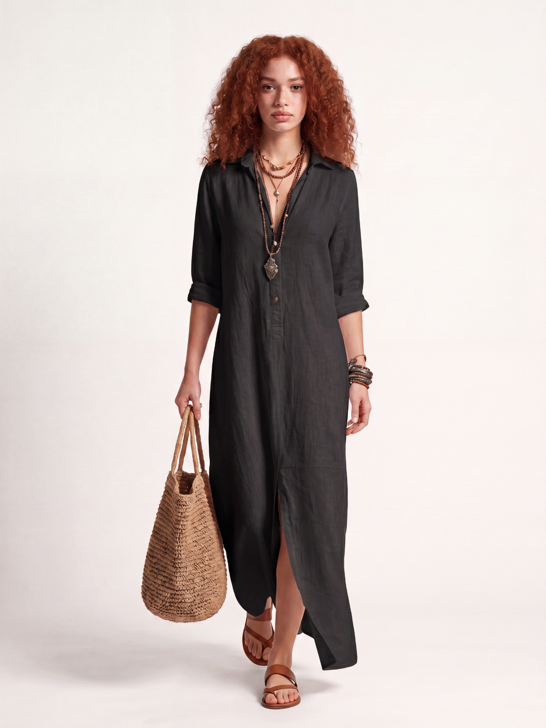DELILAH Women's Long-Sleeve Linen Maxi Shirt Dress with Side Slits