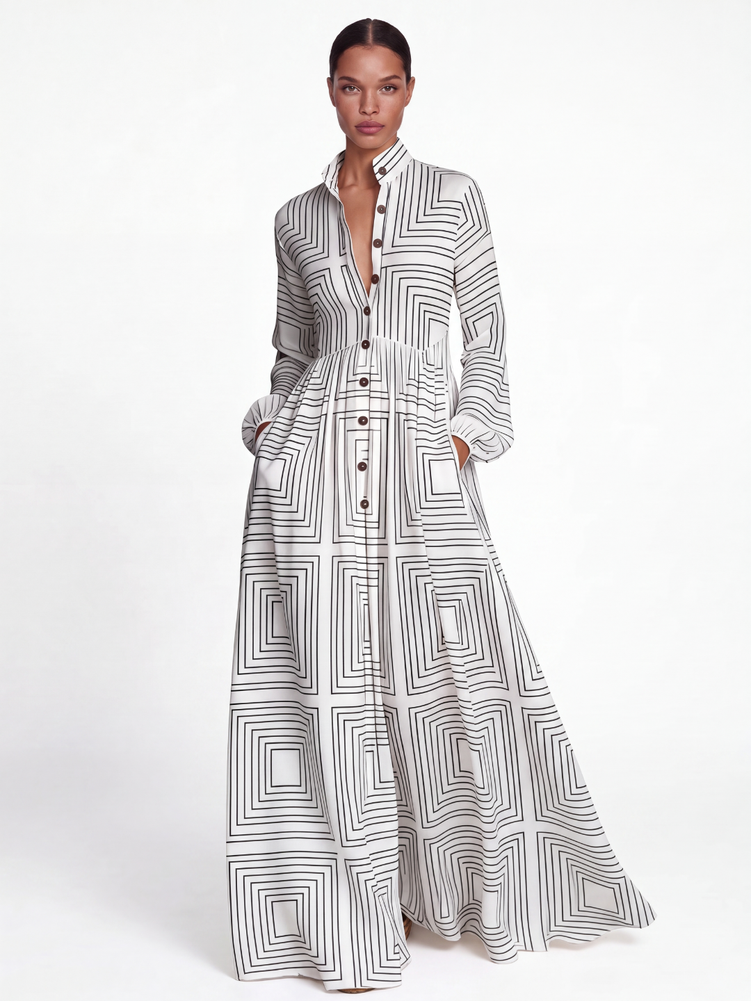 LILIANA Women's Floral Print Plunge Pleated Shirt Maxi Dress