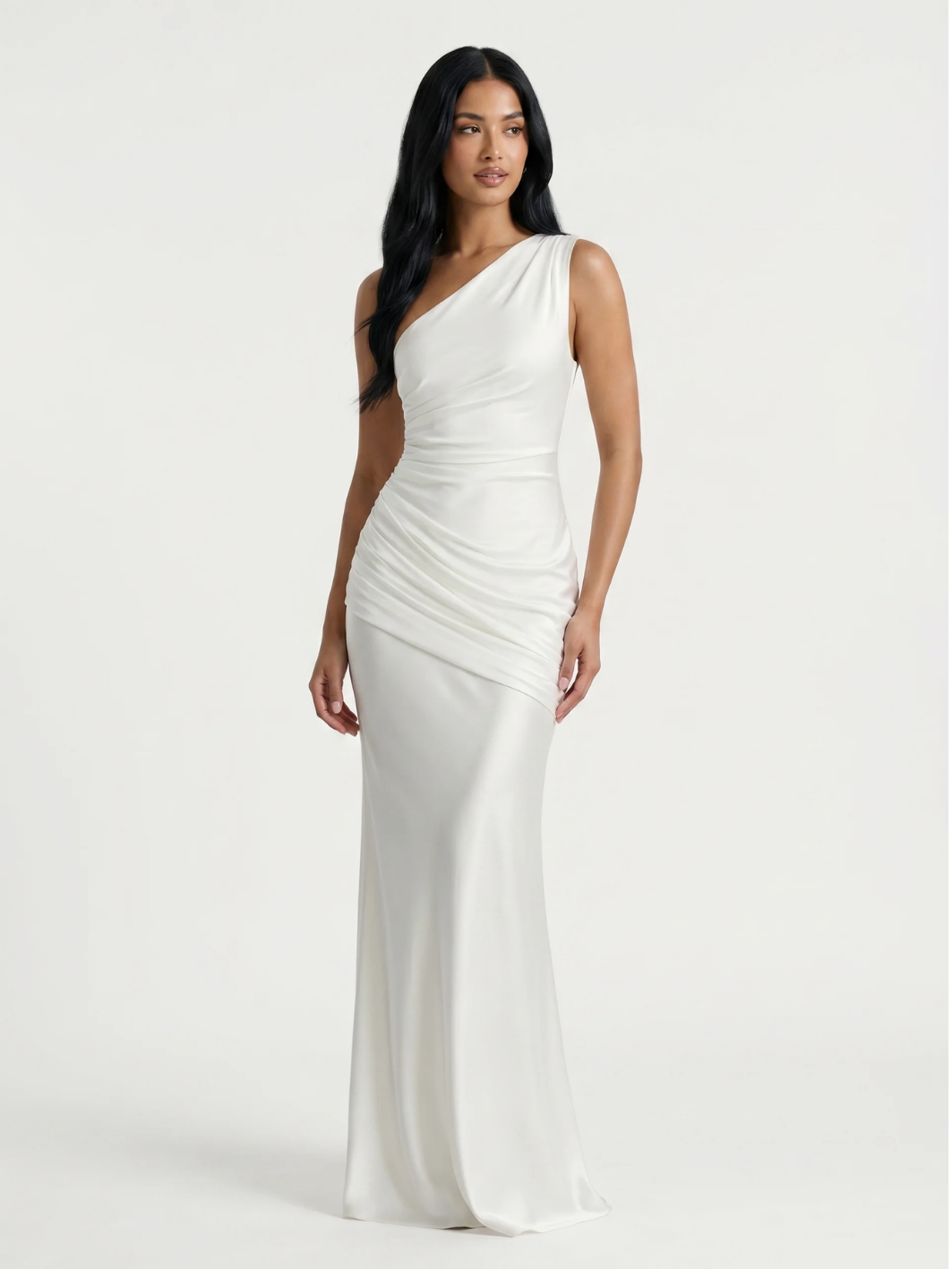 SERENA Women's One-Shoulder Draped Satin Column Maxi Dress