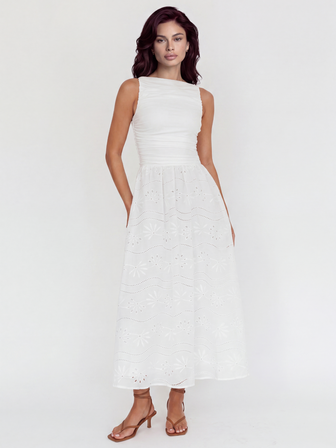 MEERA Women's Sleeveless Eyelet Maxi Dress with Ruched Bodice