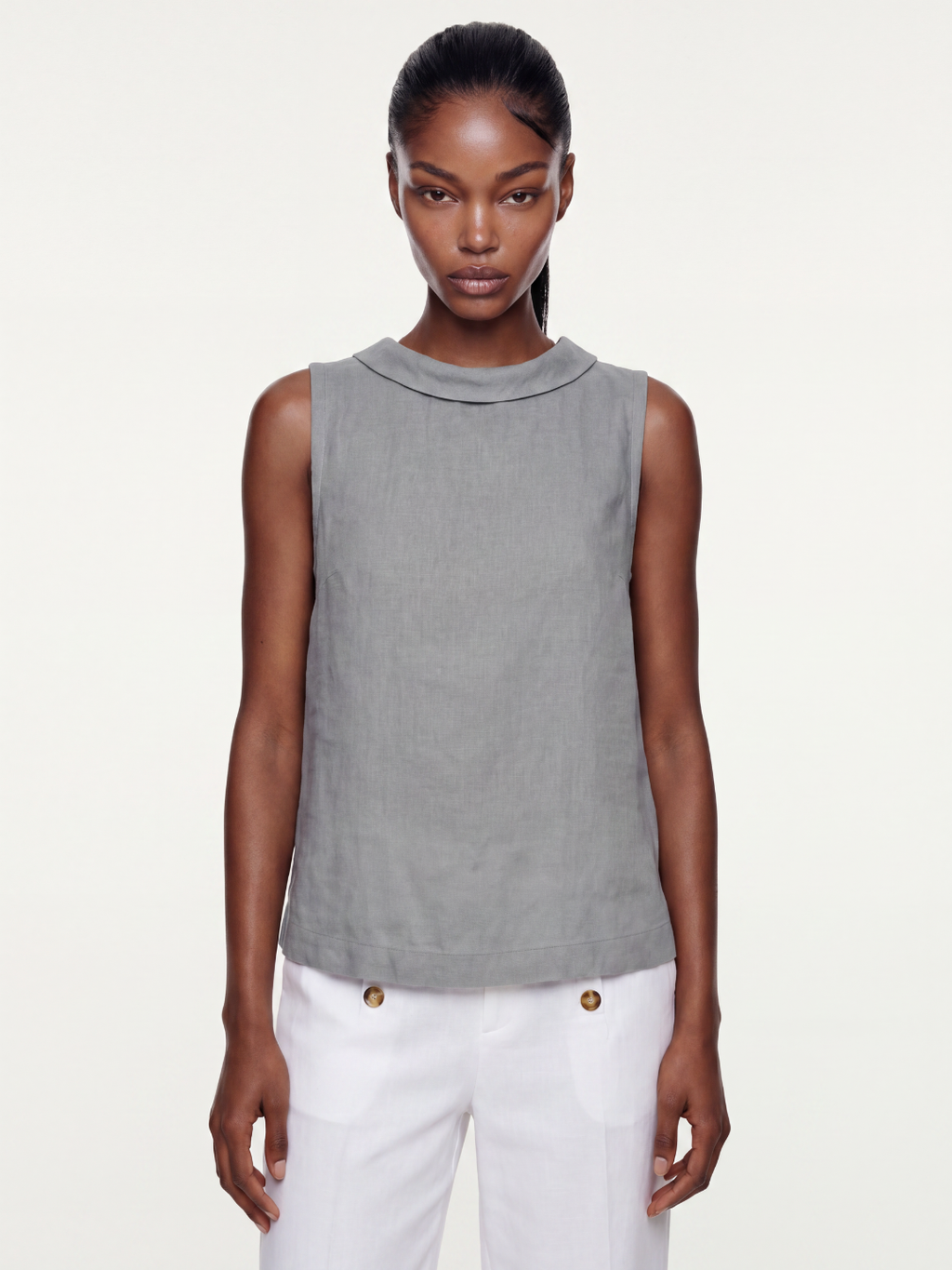 VIVIENNE Women's Sleeveless Roll-Collar Linen Top