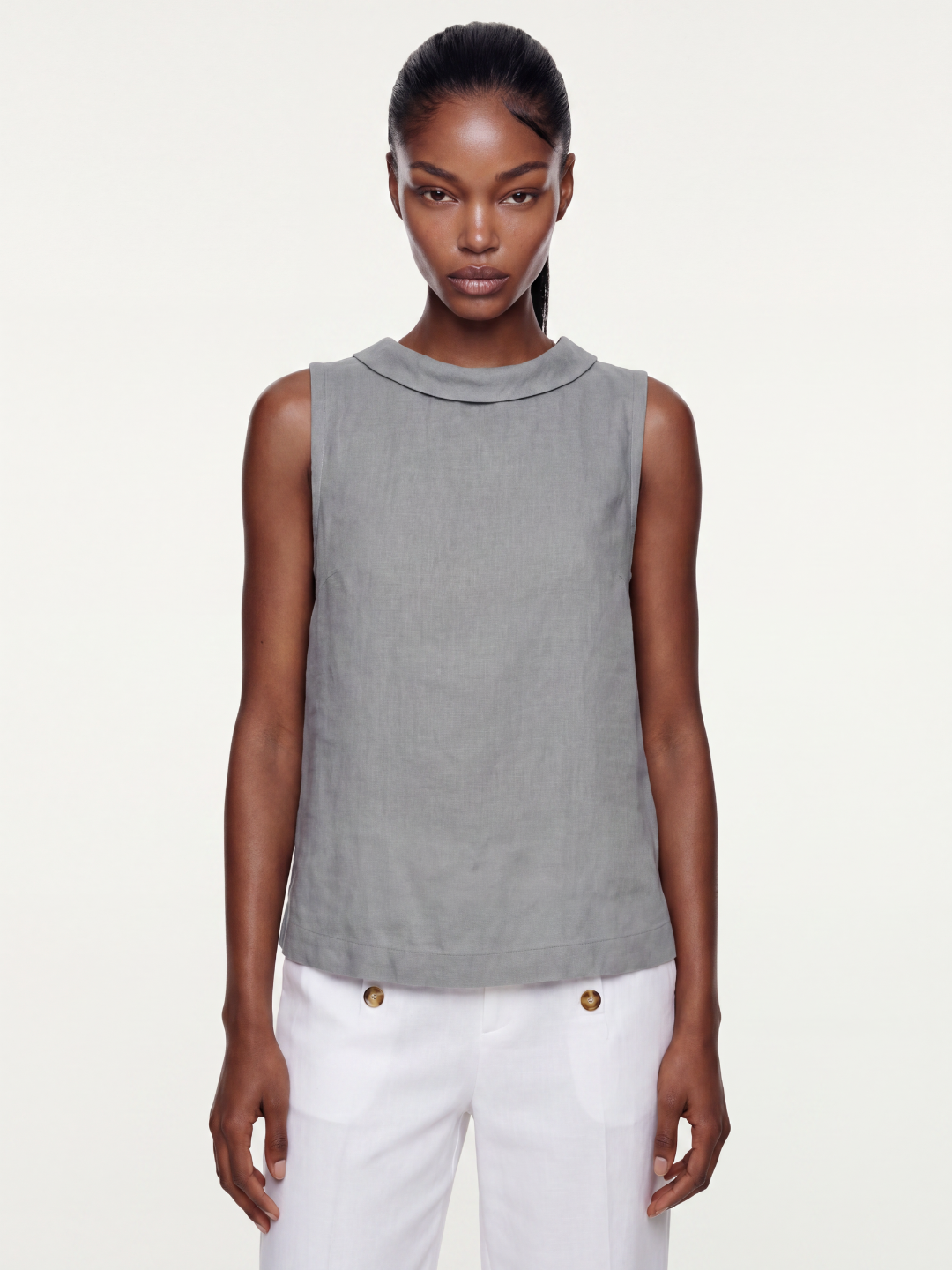 VIVIENNE Women's Sleeveless Roll-Collar Linen Top