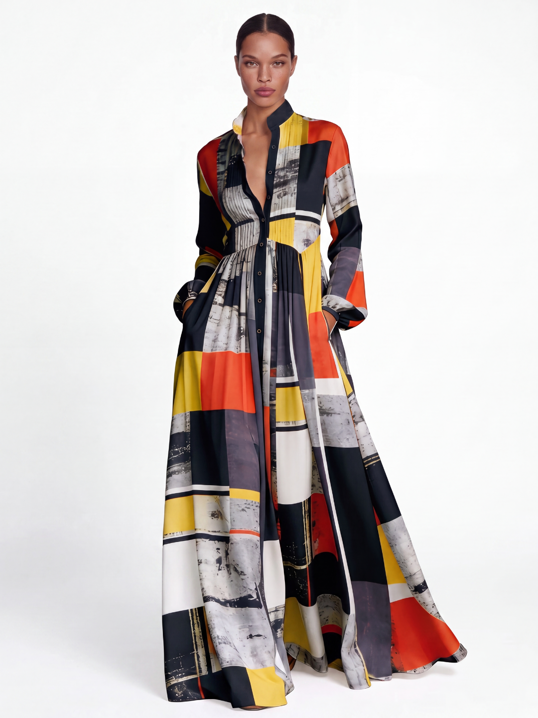 LILIANA Women's Floral Print Plunge Pleated Shirt Maxi Dress
