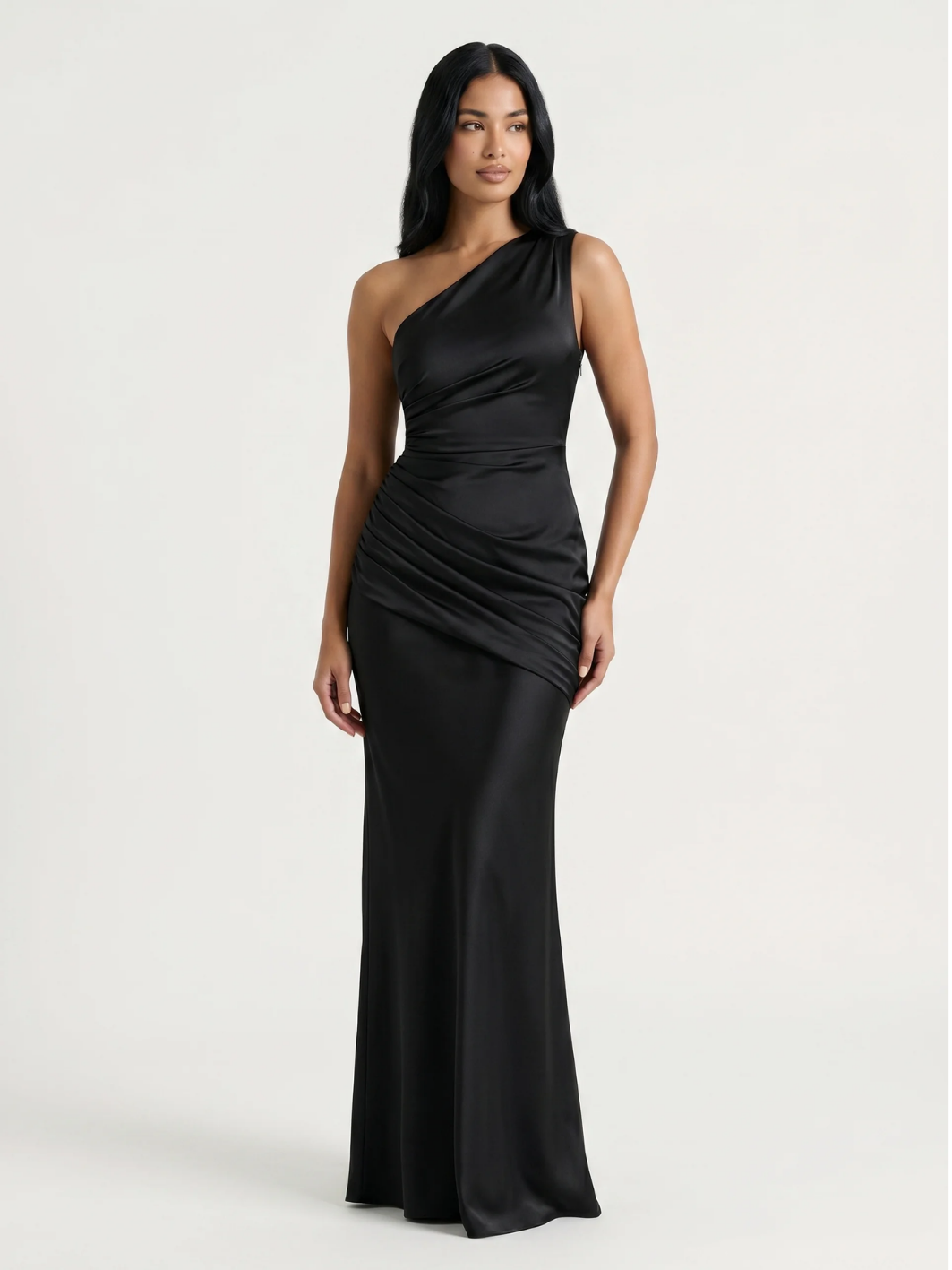 SERENA Women's One-Shoulder Draped Satin Column Maxi Dress