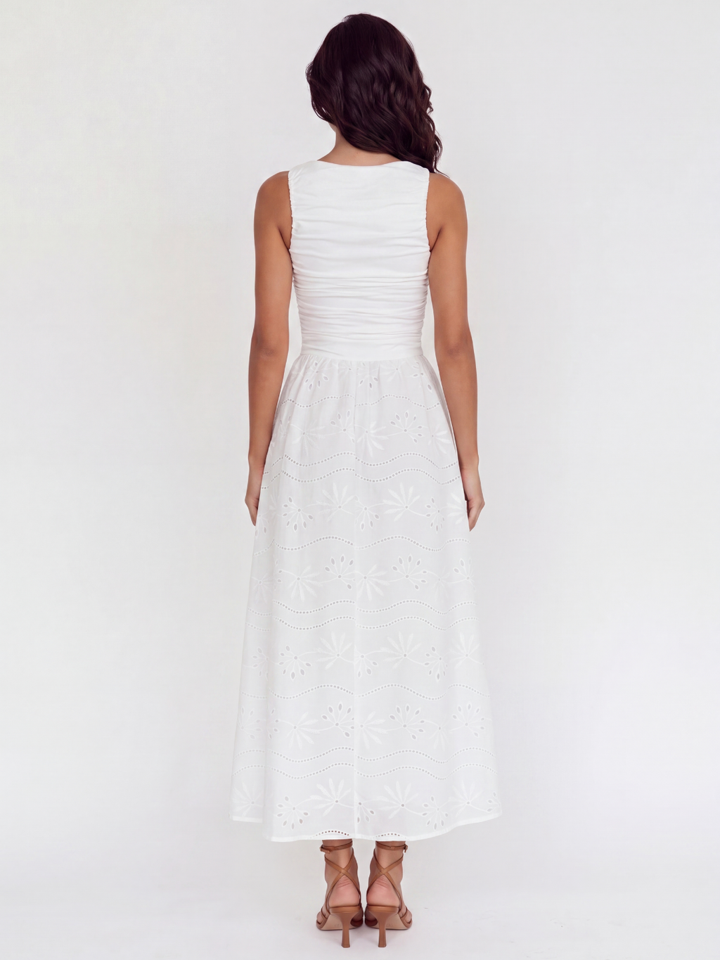 MEERA Women's Sleeveless Eyelet Maxi Dress with Ruched Bodice