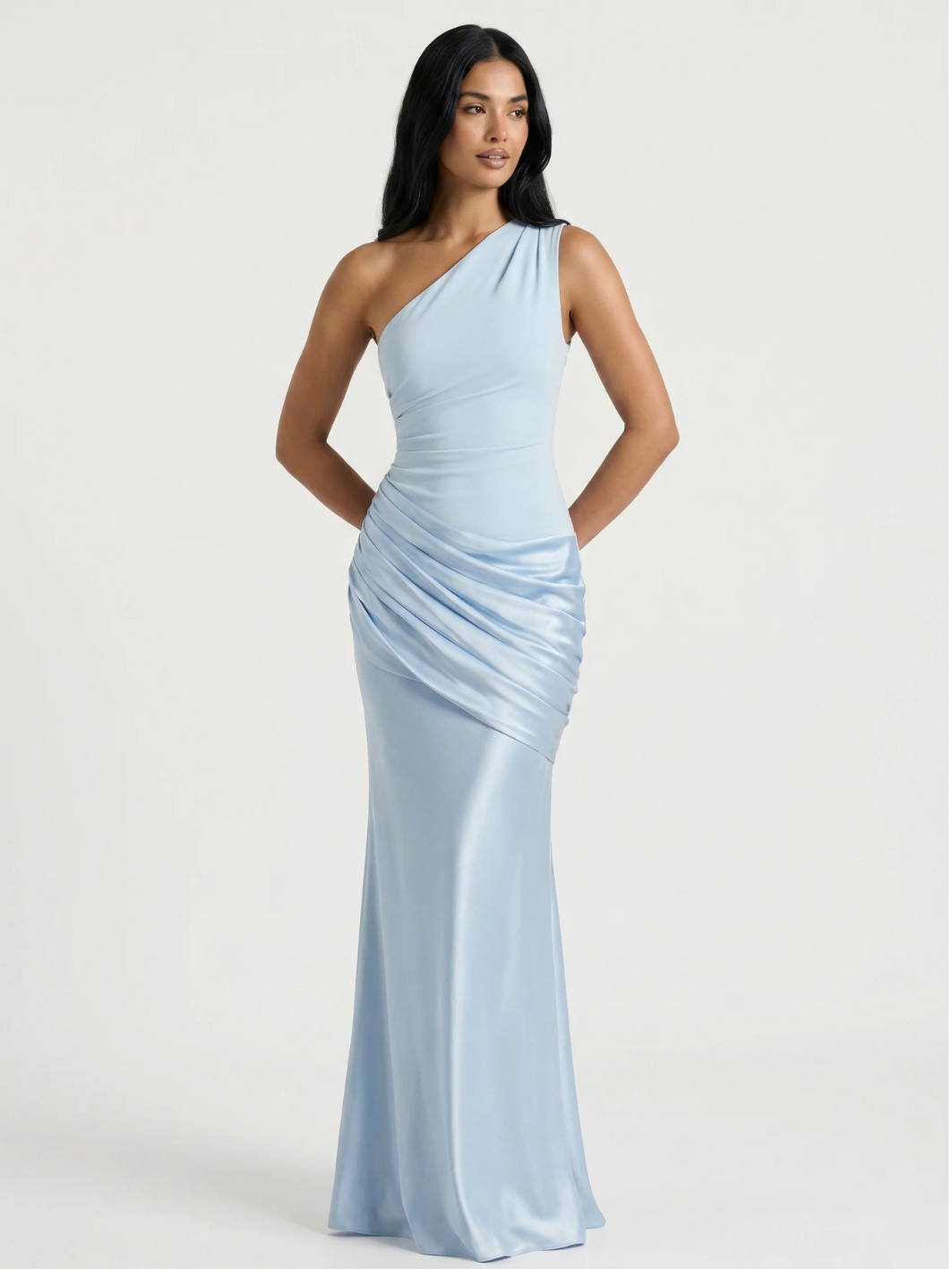 SERENA Women's One-Shoulder Draped Satin Column Maxi Dress