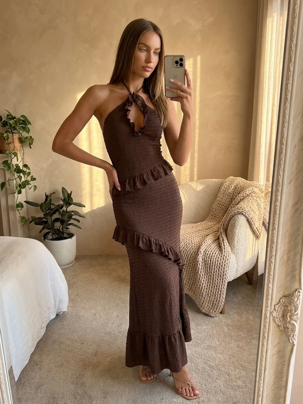 ANNIKA Women's Halter Keyhole Smocked Frill-Trim Maxi Dress