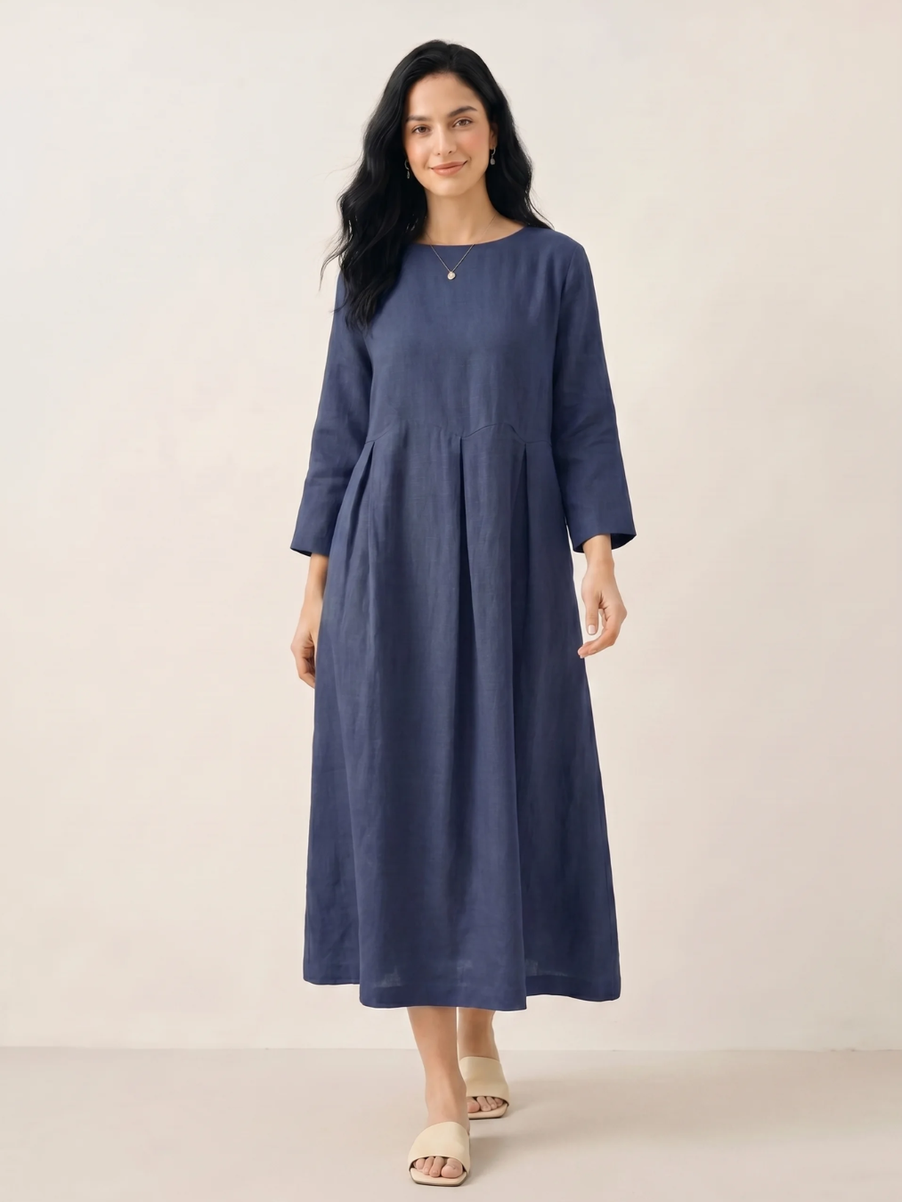 CLEMENTINE Women's Long-Sleeve Linen Pleated Maxi Dress with Pockets