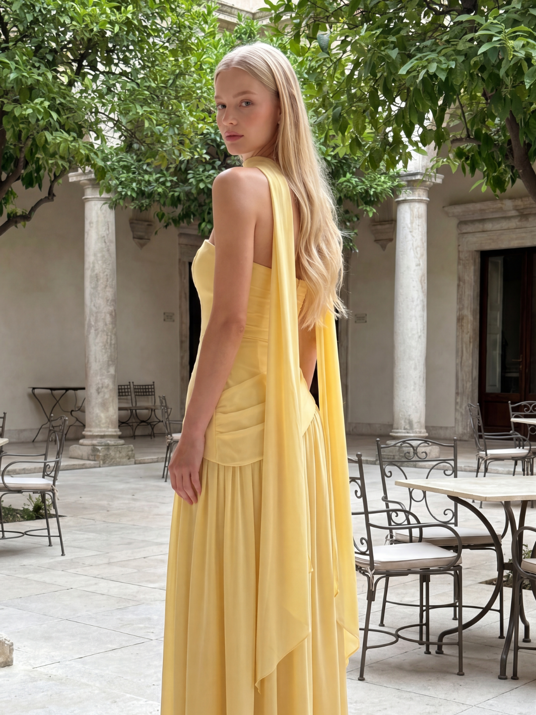 ISADORA Women's Strapless Asymmetric Contrast Maxi Dress with Choker