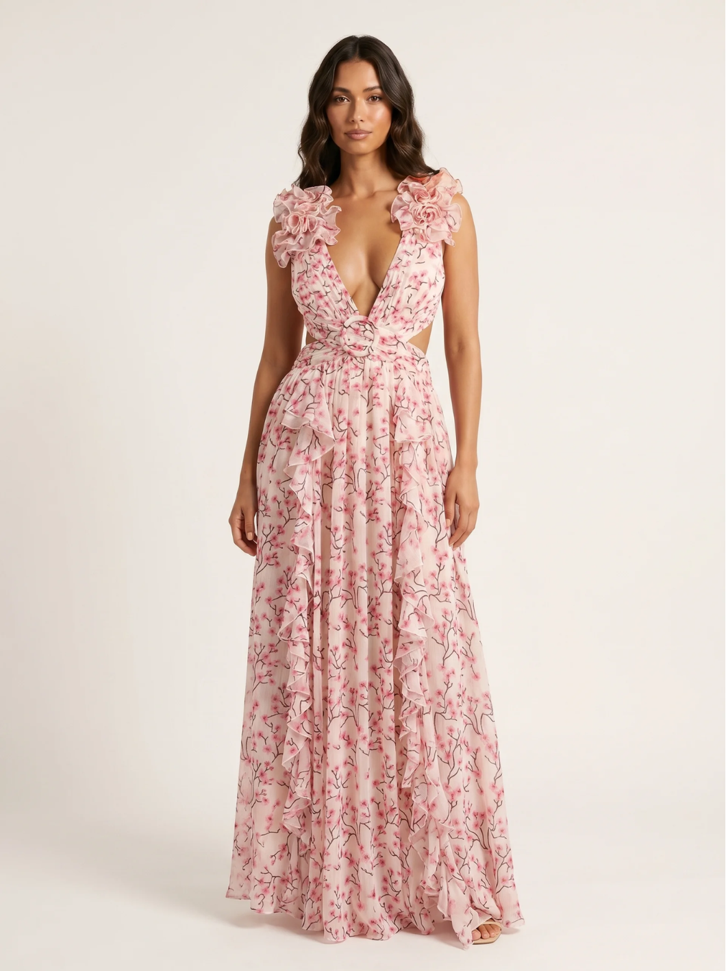 RICA Women's Floral Plunge Cut-Out Chiffon Maxi Dress
