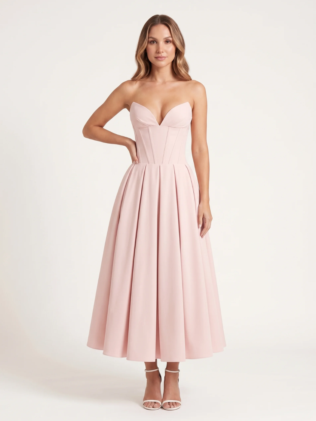 SAVANNAH Women's Strapless Sweetheart Midi Dress with Full Skirt