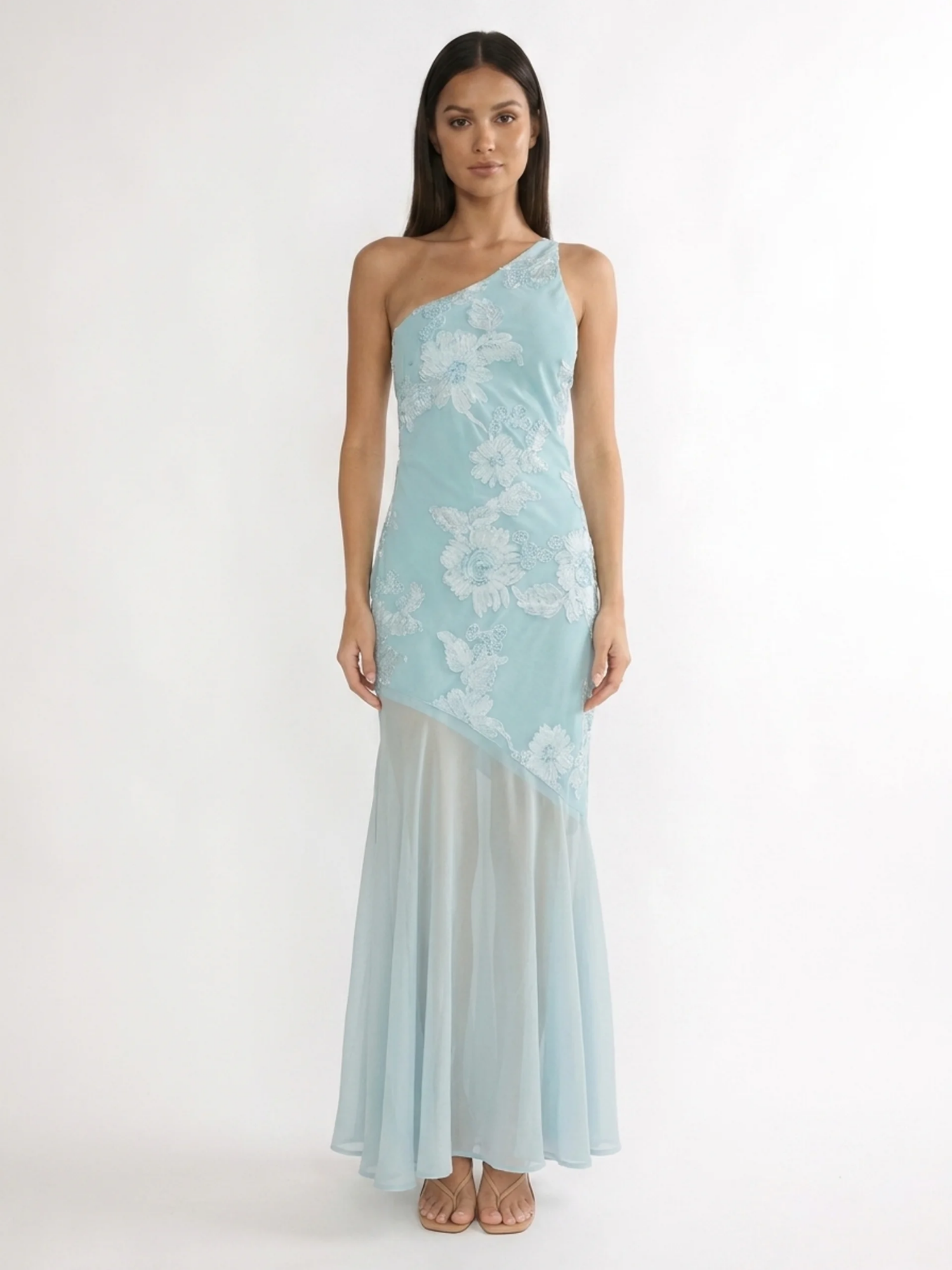 BRONWYN Women's One-Shoulder Floral Sheer-Hem Maxi Dress