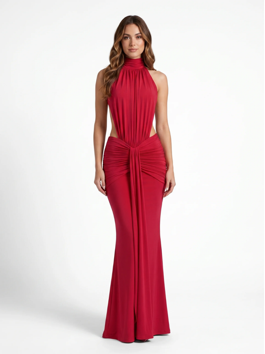ADELINE Women's Halter Neck Side-Cutout Ruched Waist Maxi Dress