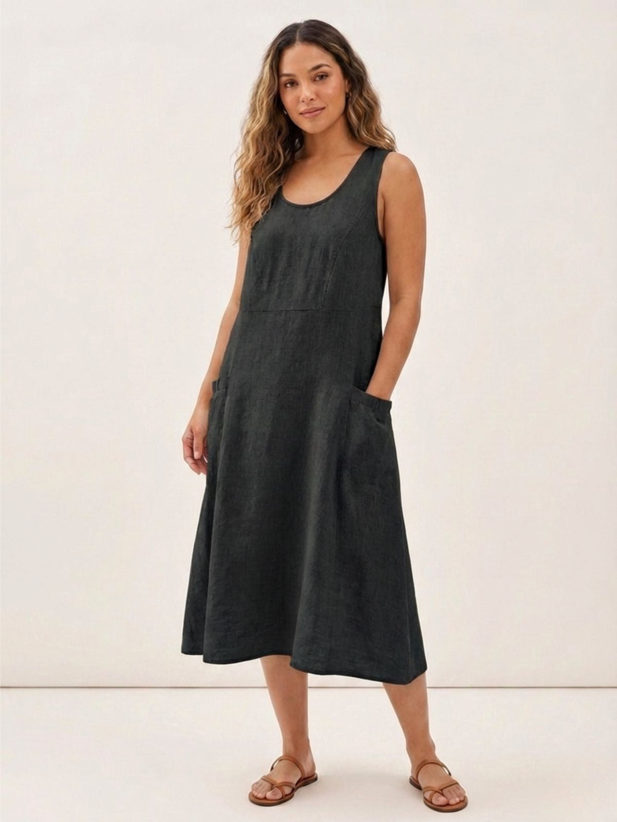 CLAIRE Women's Sleeveless Linen Midi Dress with Pockets