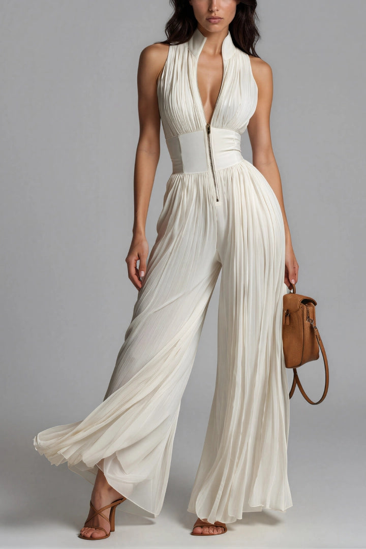 FIONA Women's Pleated Plunge Zip-Front Wide-Leg Jumpsuit