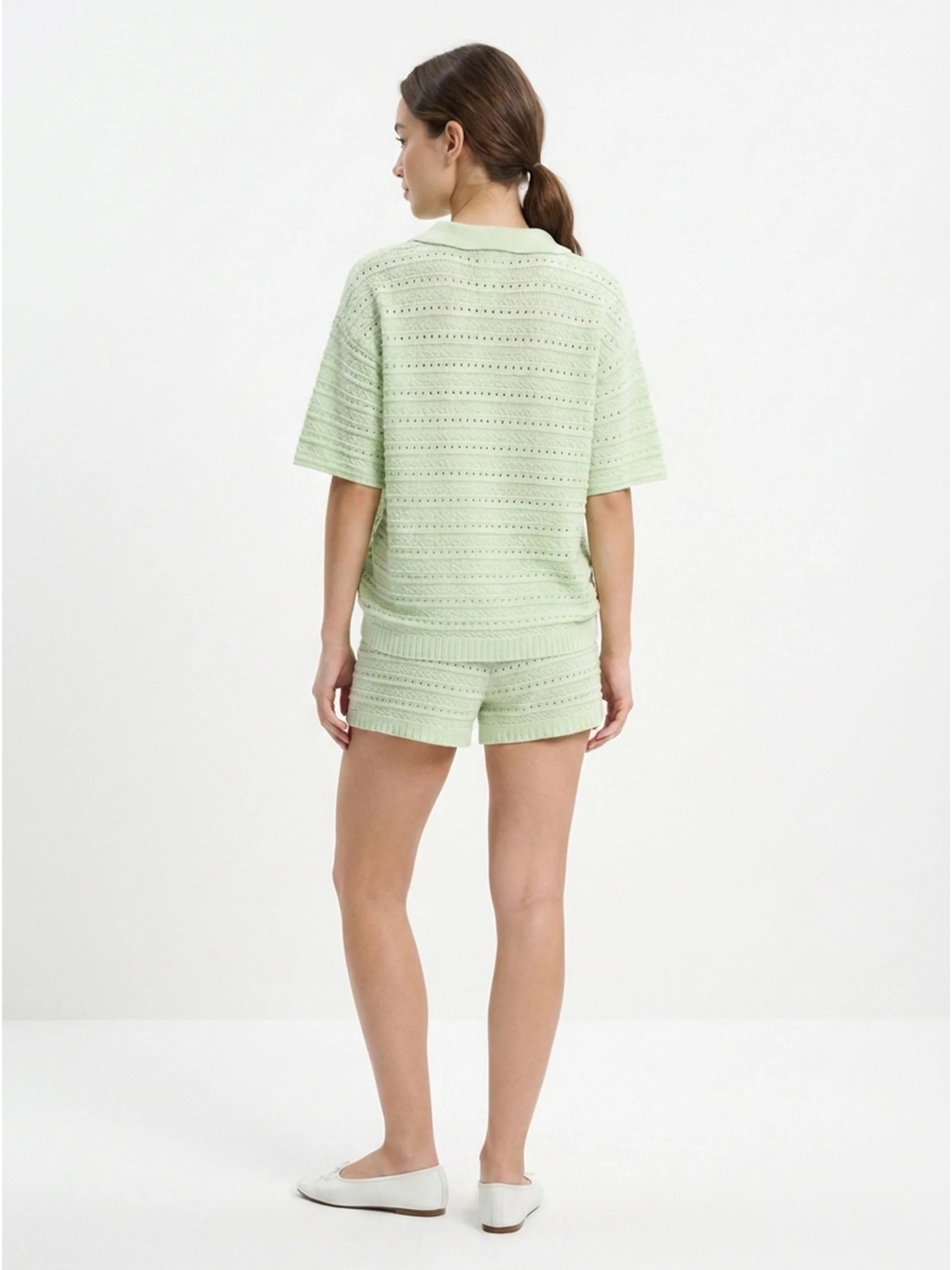 ADELAIDE Women's Pointelle Knit Collared Shirt & Shorts Set