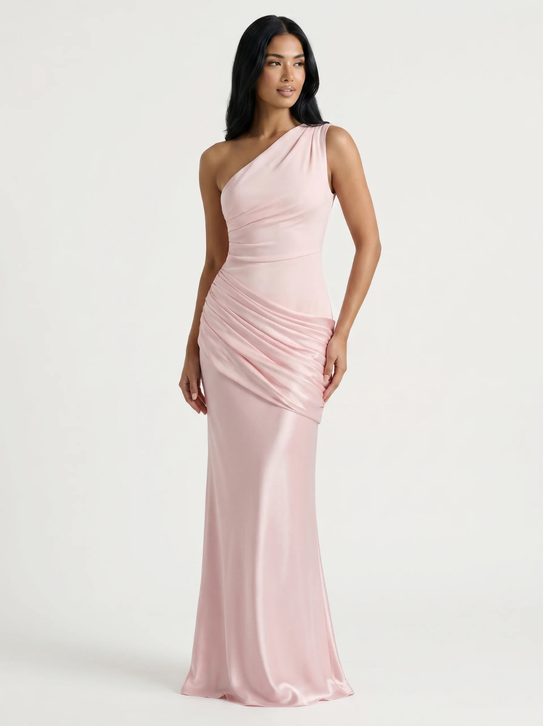 SERENA Women's One-Shoulder Draped Satin Column Maxi Dress