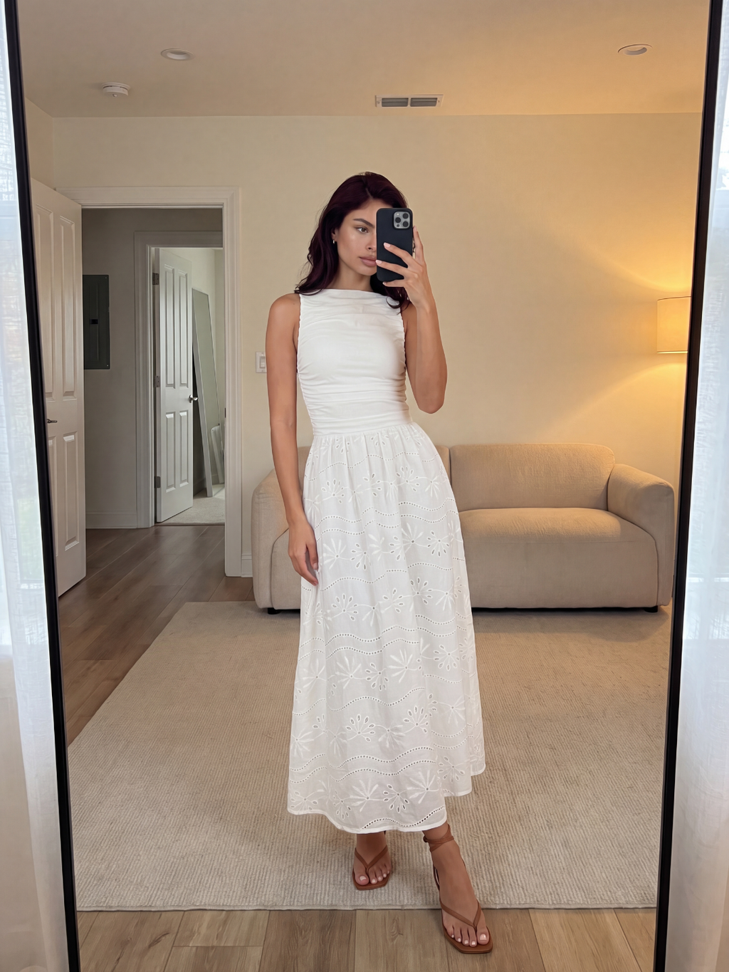 MEERA Women's Sleeveless Eyelet Maxi Dress with Ruched Bodice