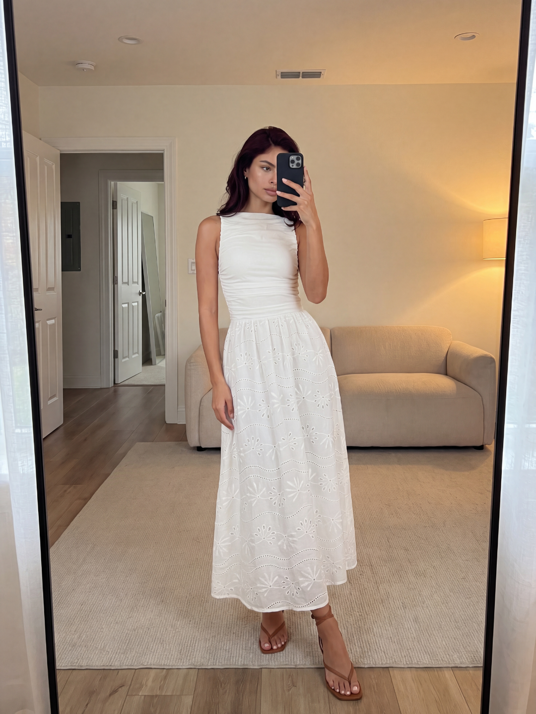 MEERA Women's Sleeveless Eyelet Maxi Dress with Ruched Bodice