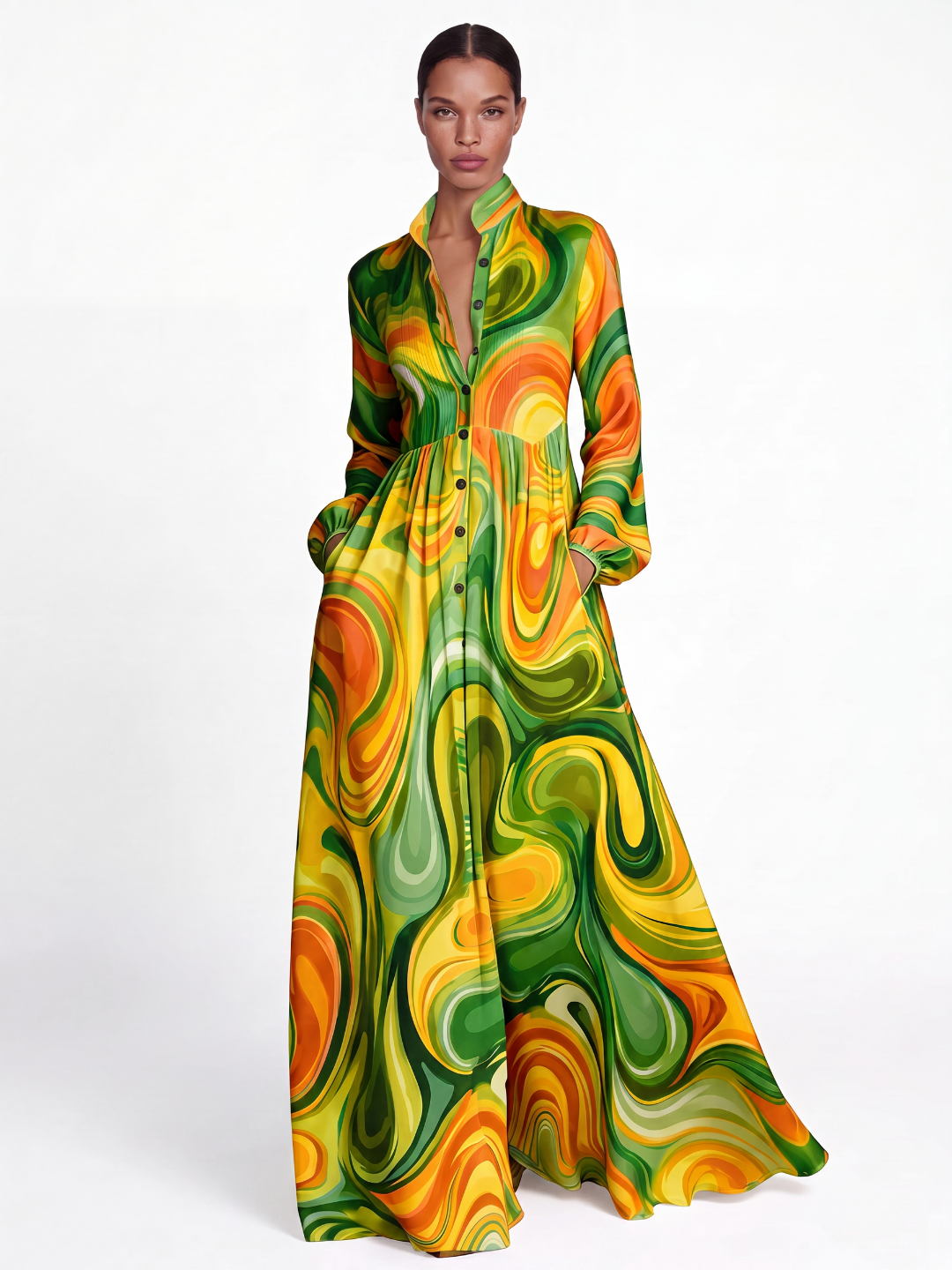 LILIANA Women's Floral Print Plunge Pleated Shirt Maxi Dress