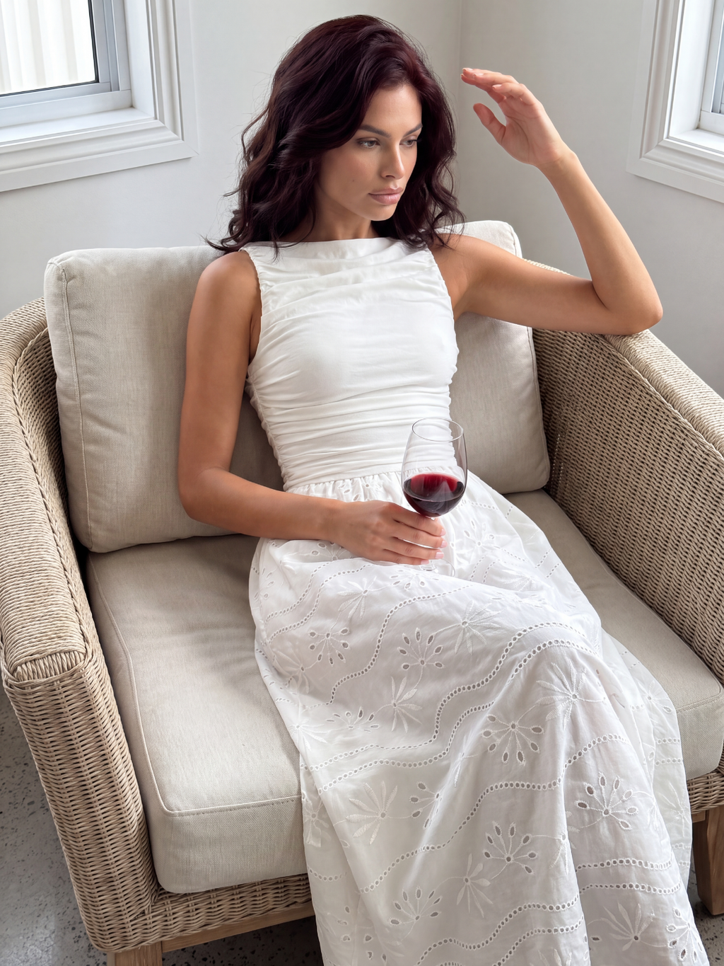 MEERA Women's Sleeveless Eyelet Maxi Dress with Ruched Bodice