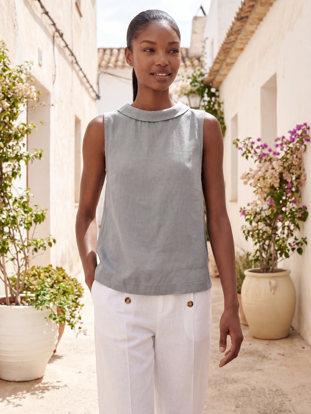 VIVIENNE Women's Sleeveless Roll-Collar Linen Top