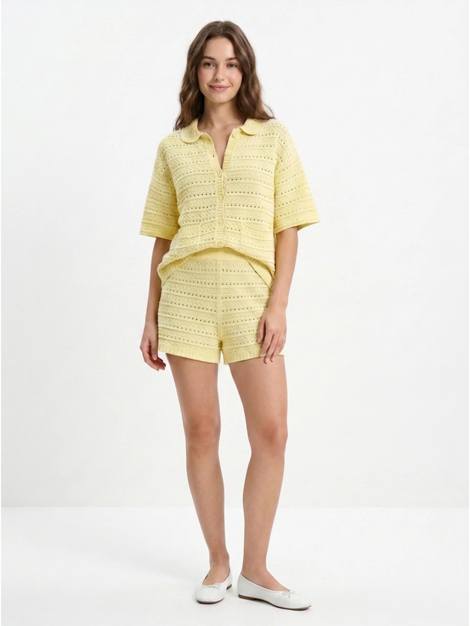 ADELAIDE Women's Pointelle Knit Collared Shirt & Shorts Set