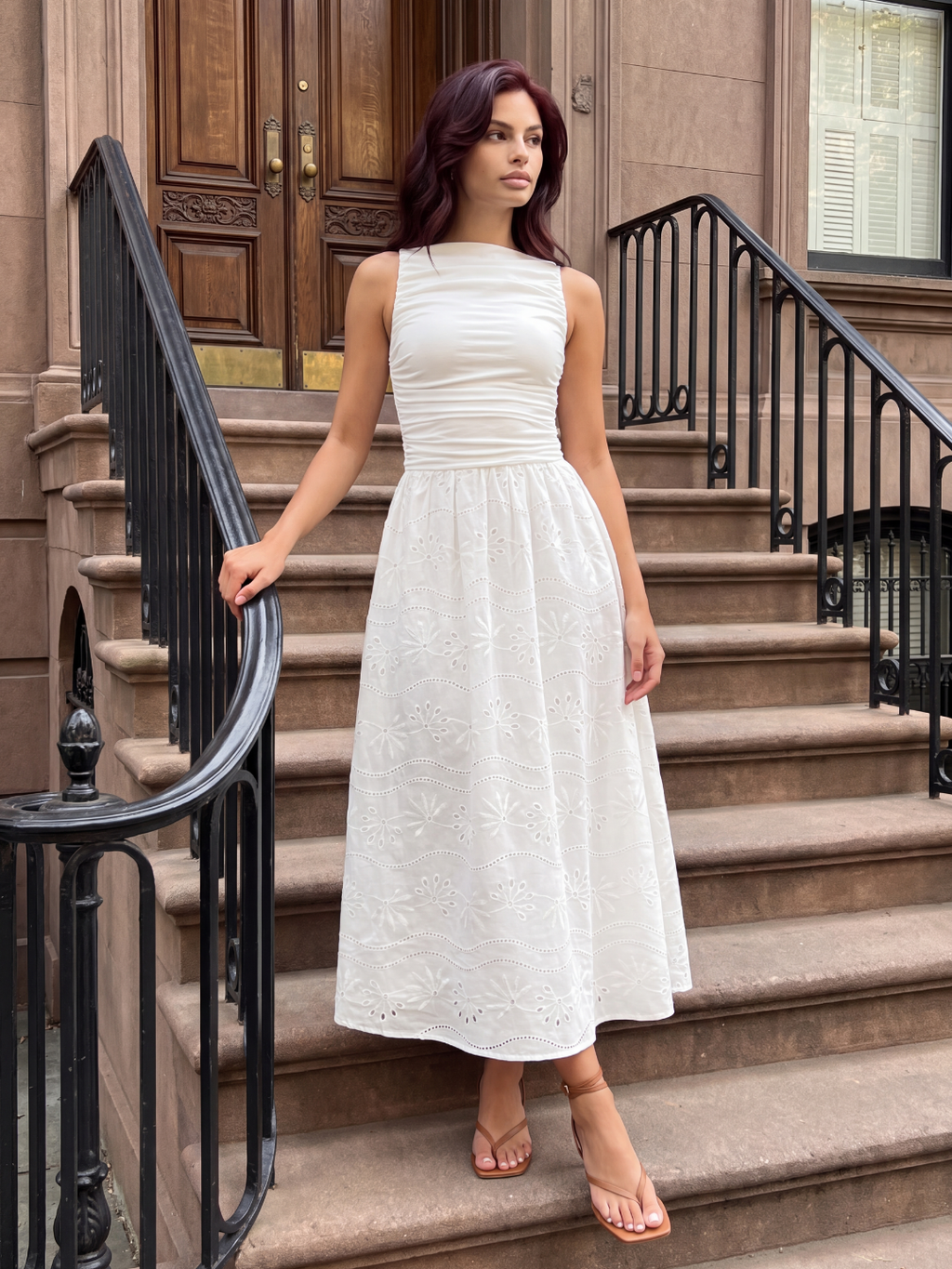 MEERA Women's Sleeveless Eyelet Maxi Dress with Ruched Bodice