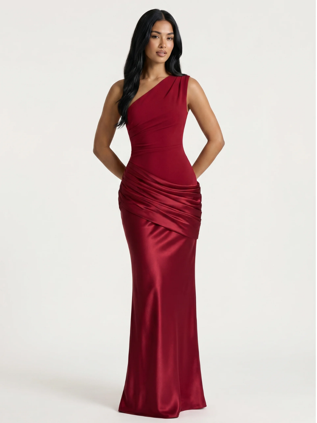 SERENA Women's One-Shoulder Draped Satin Column Maxi Dress