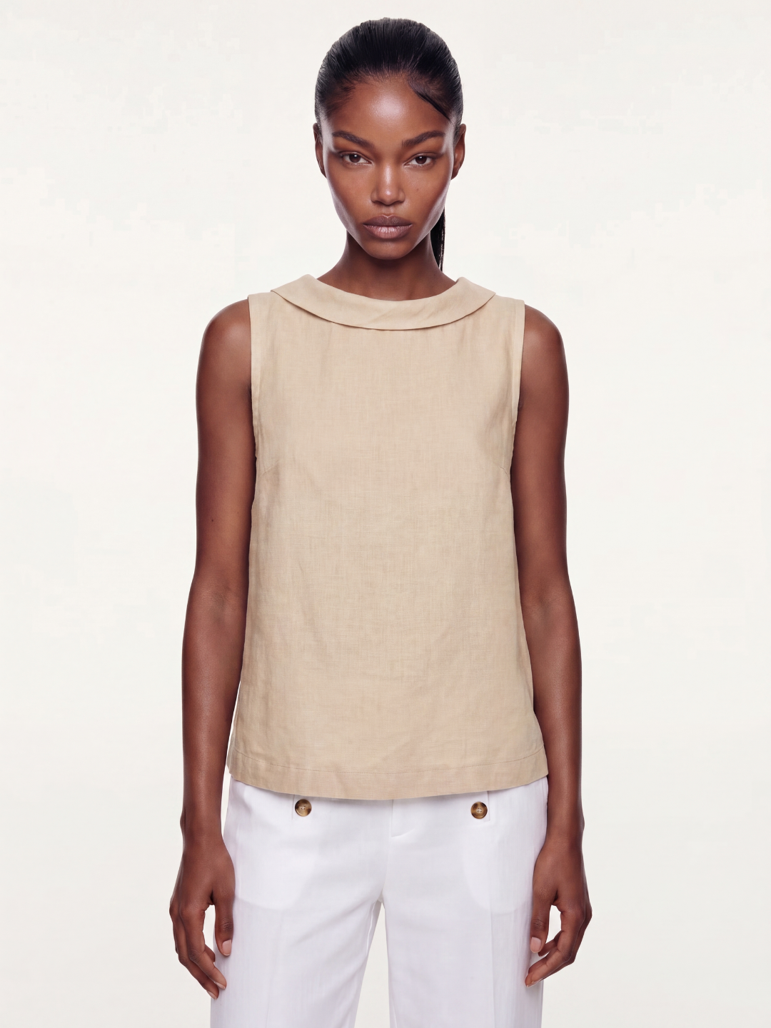 VIVIENNE Women's Sleeveless Roll-Collar Linen Top