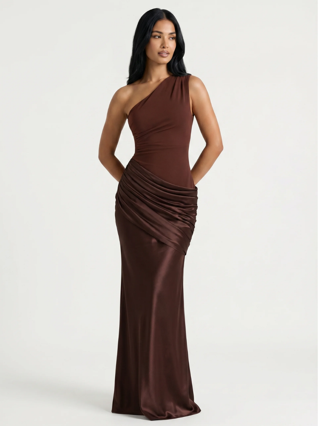 SERENA Women's One-Shoulder Draped Satin Column Maxi Dress