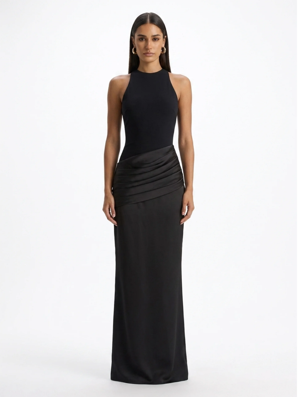 RILEY Women's Crew-Neck Maxi Dress with Satin Skirt