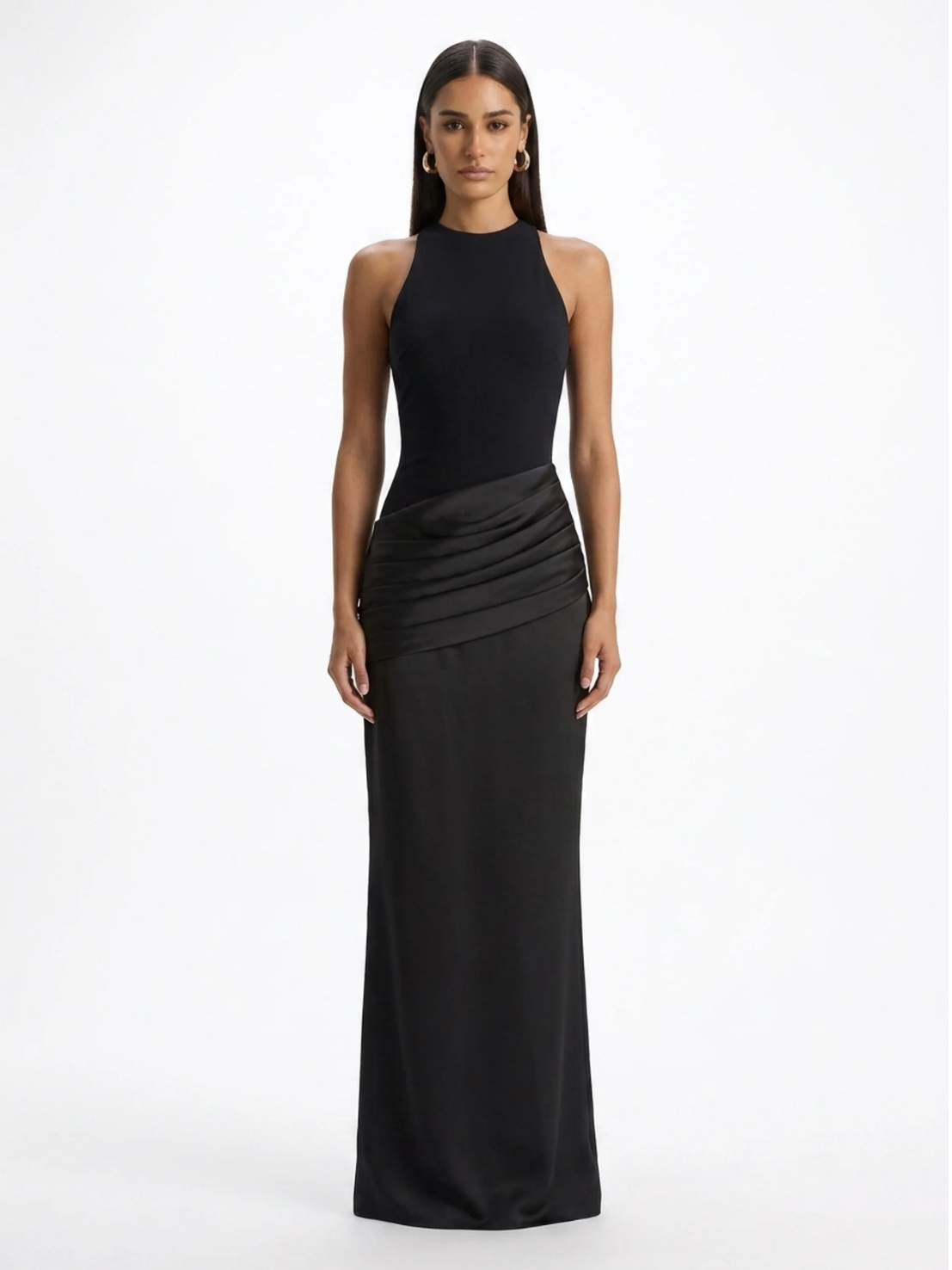 RILEY Women's Crew-Neck Maxi Dress with Satin Skirt