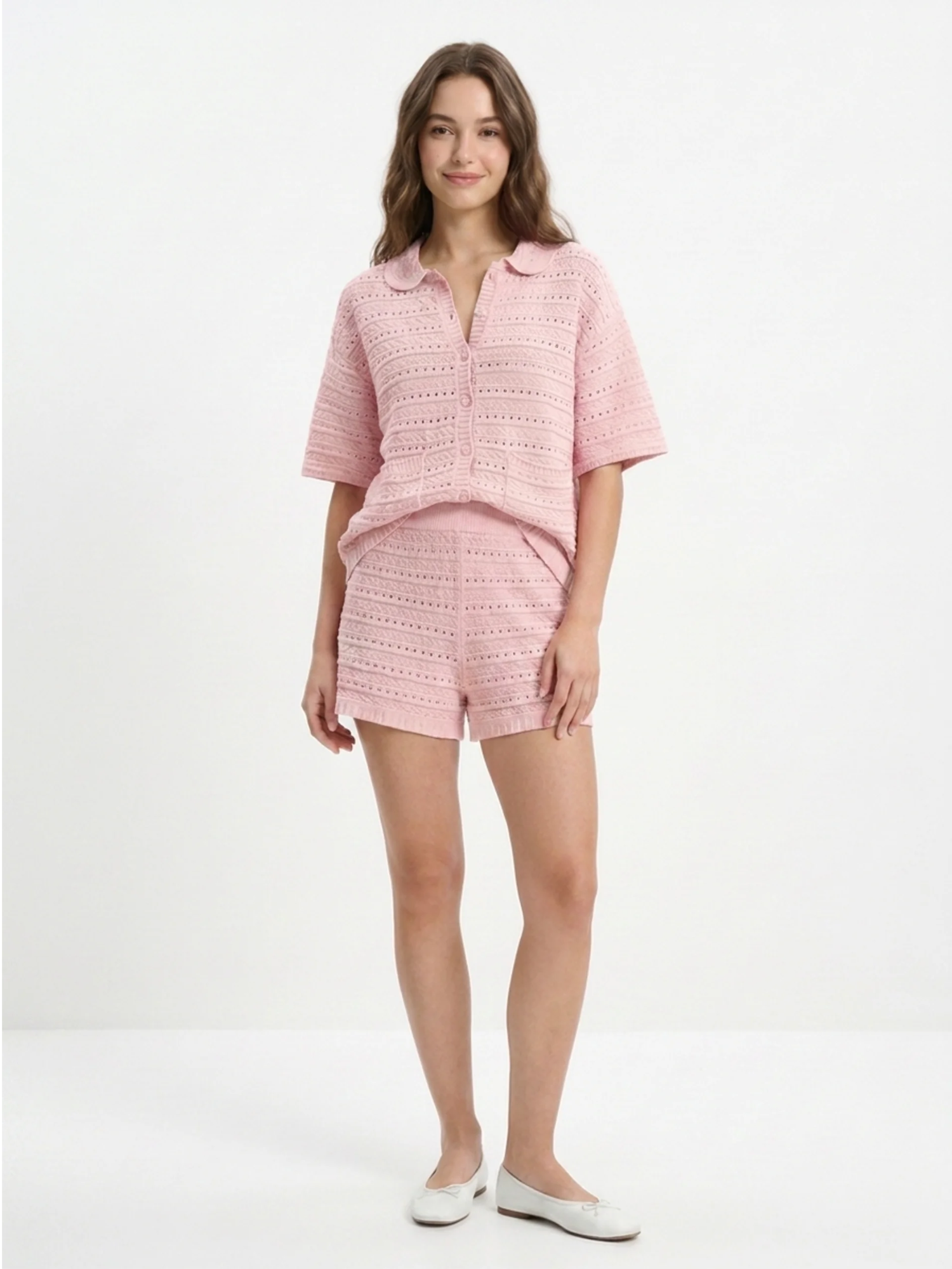 ADELAIDE Women's Pointelle Knit Collared Shirt & Shorts Set