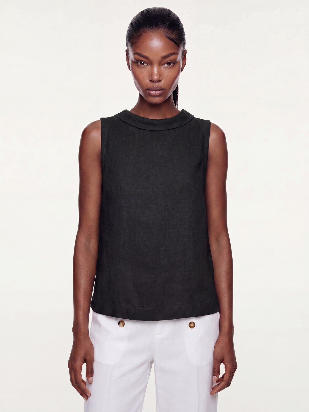 VIVIENNE Women's Sleeveless Roll-Collar Linen Top