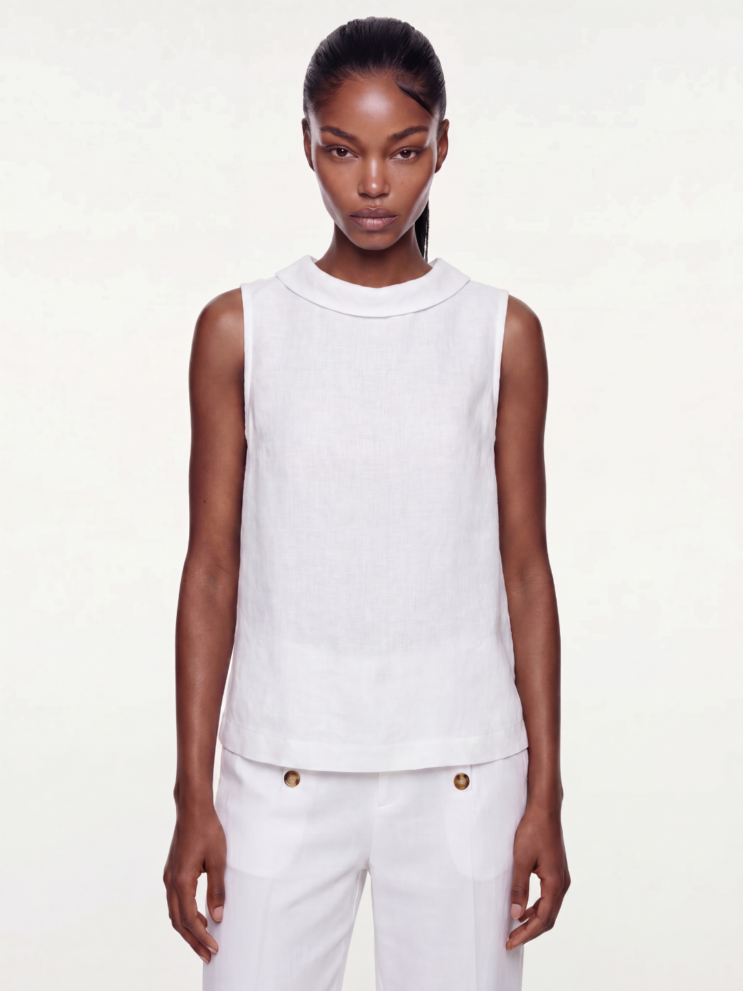 VIVIENNE Women's Sleeveless Roll-Collar Linen Top