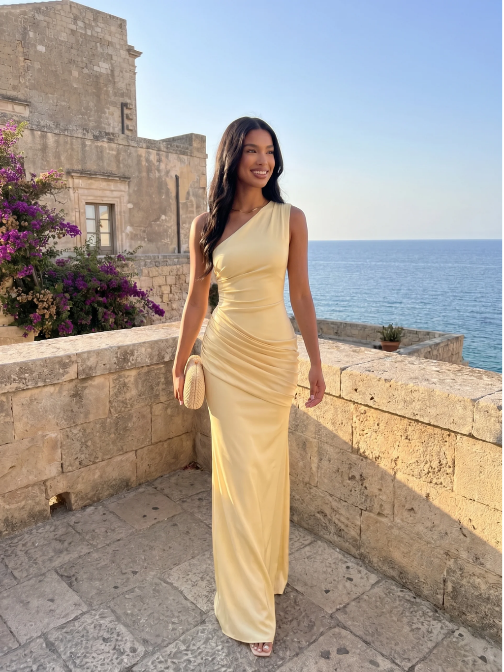 SERENA Women's One-Shoulder Draped Satin Column Maxi Dress